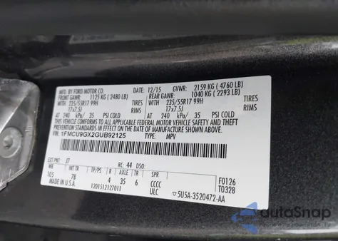 2016 Ford Escape Se from USA, damaged, VIN 1FMCU9GX2GUB92125